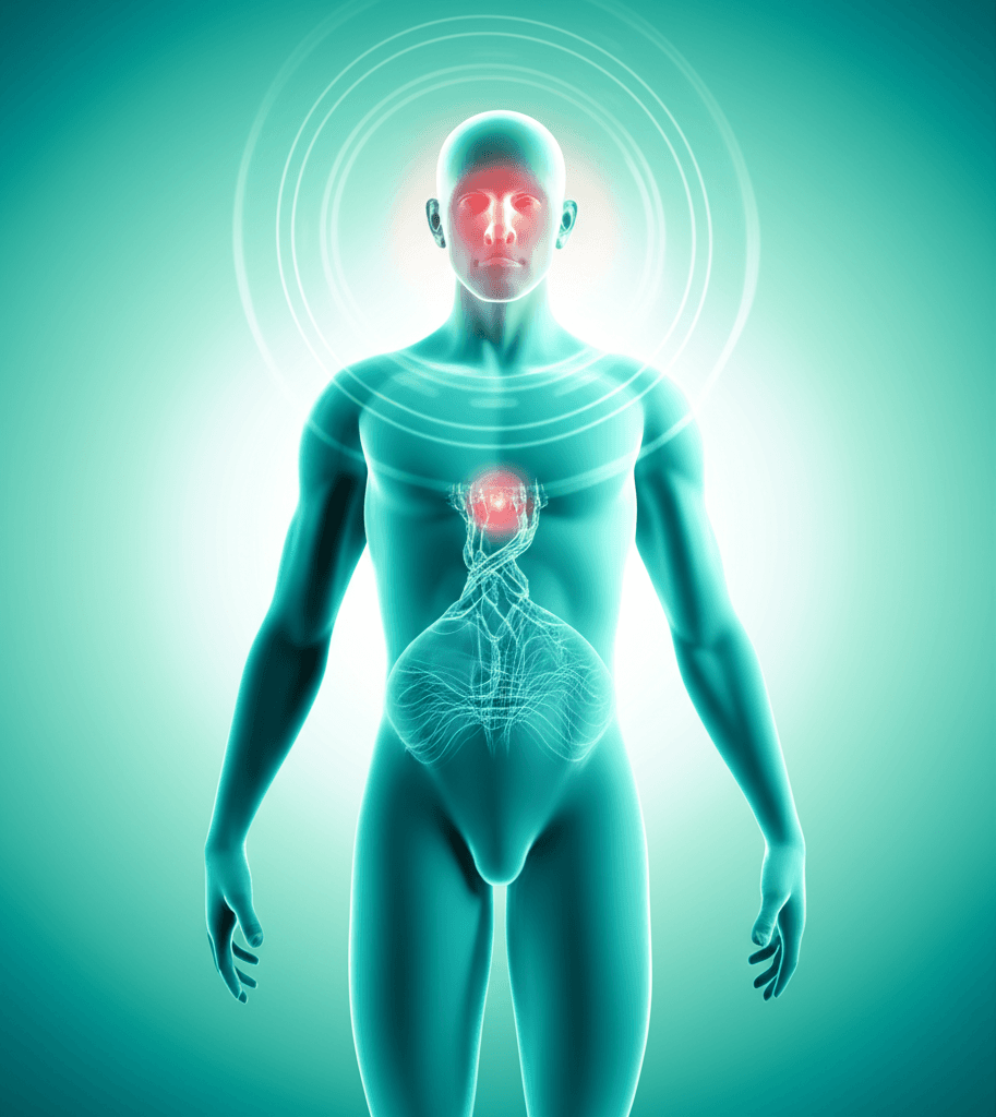 A person holding their head, looking disoriented in a blurry environment