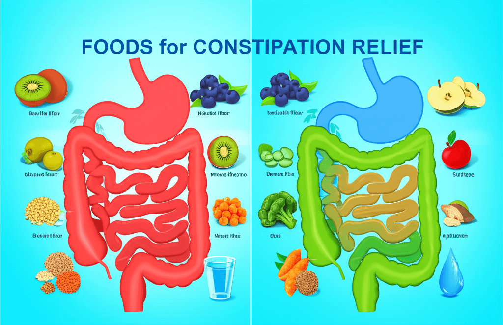 A vibrant flat lay of various high-fiber foods such as fruits, vegetables, and whole grains
