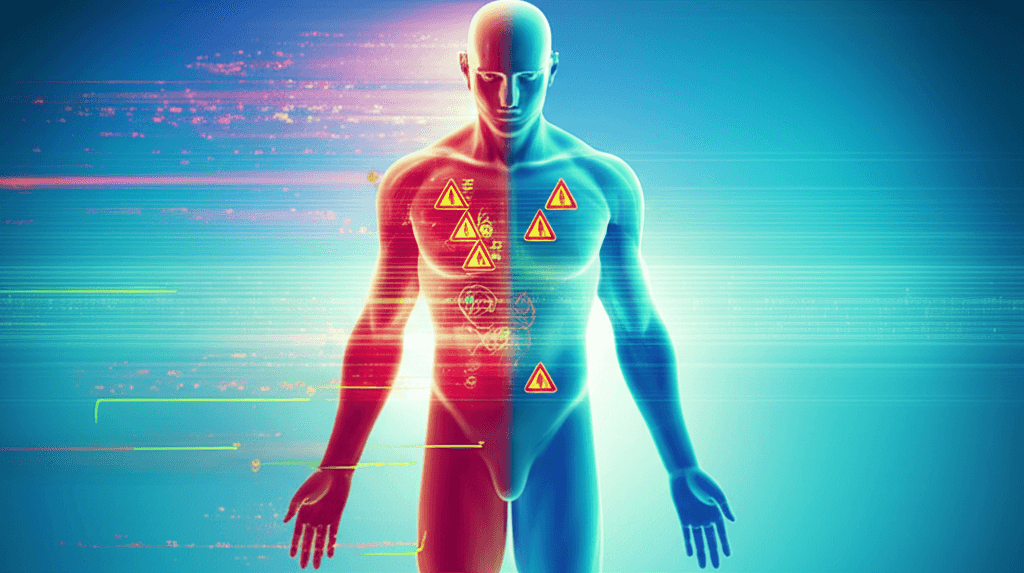 A person holding their head in their hands, looking visibly stressed with a blurred background showing busy work.