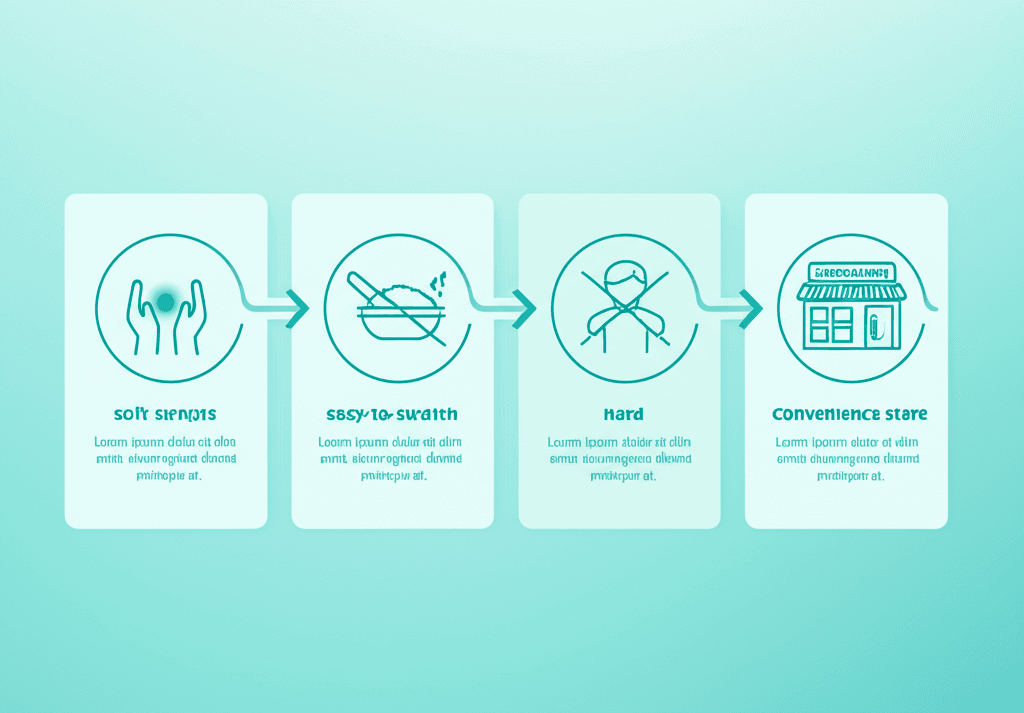 A person with a sore throat looking overwhelmed in a convenience store aisle, choosing soft foods.