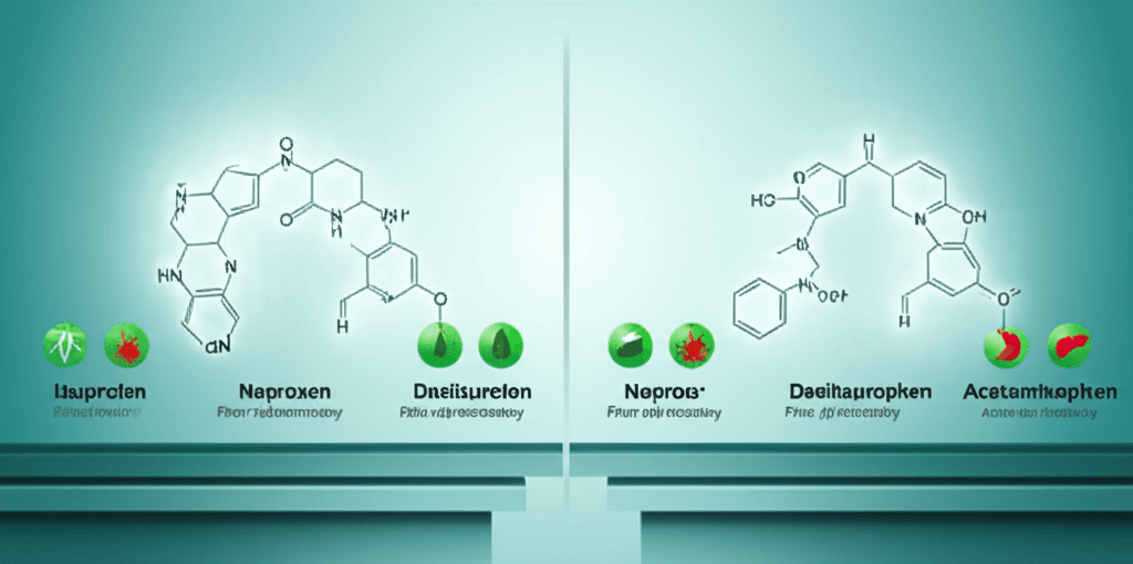Various types of painkiller pills in different colors and shapes, labeled with their active ingredients