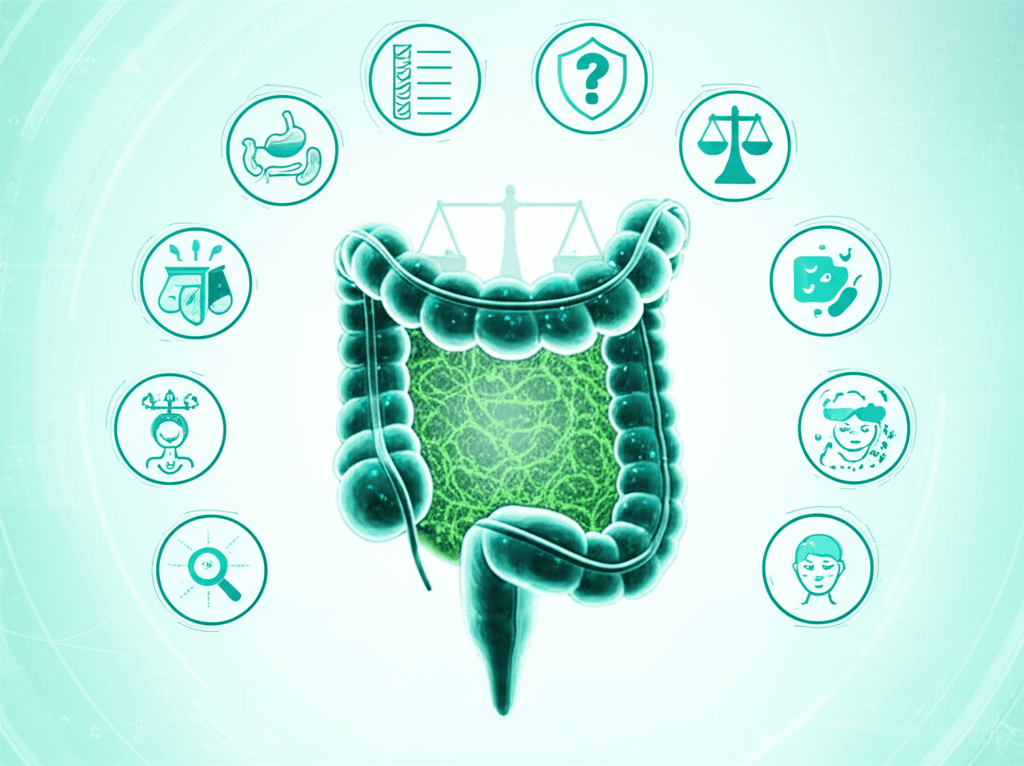 A skeptical person looking at a variety of probiotic supplements, with question marks floating around, representing doubt and the need for information.