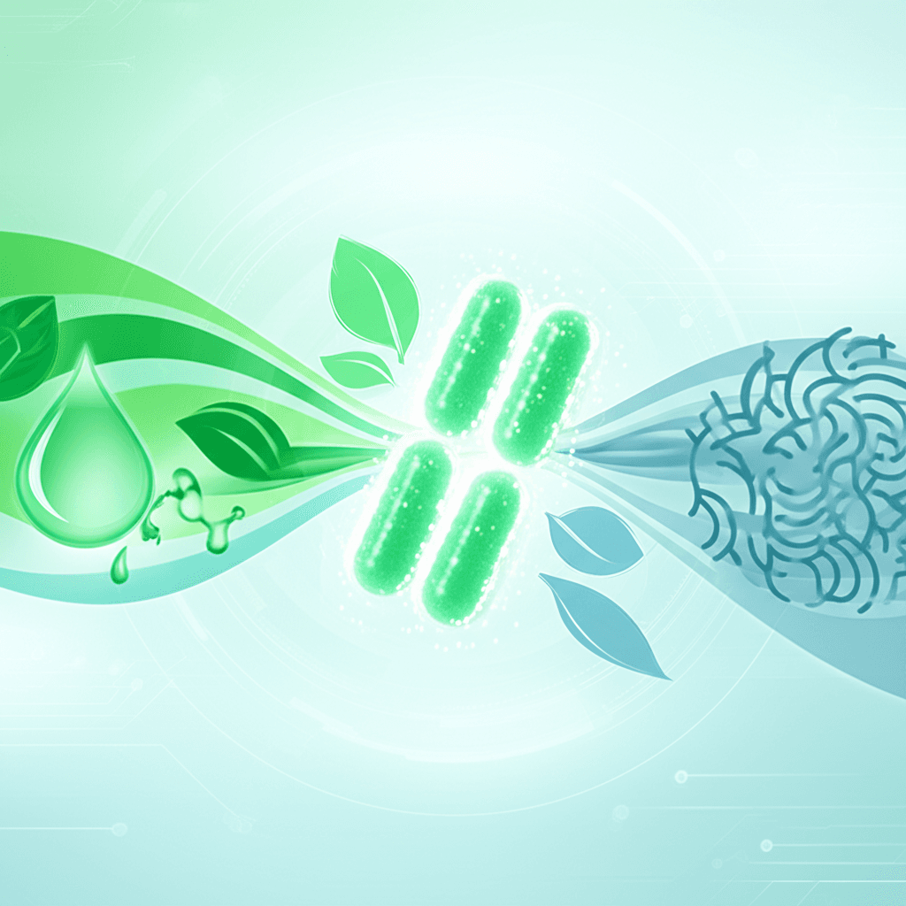 A magnifying glass examining different types of probiotic capsules, powders, and liquids, representing the detailed selection process.