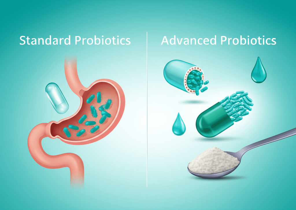 A person holding their stomach, experiencing mild discomfort after taking probiotics, with various remedies like water and ginger tea shown in the background.