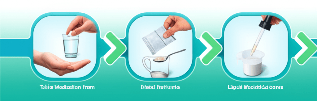 Various medication forms including pills, capsules, powders, and liquids, with appropriate tools like a crushing device and a measuring spoon