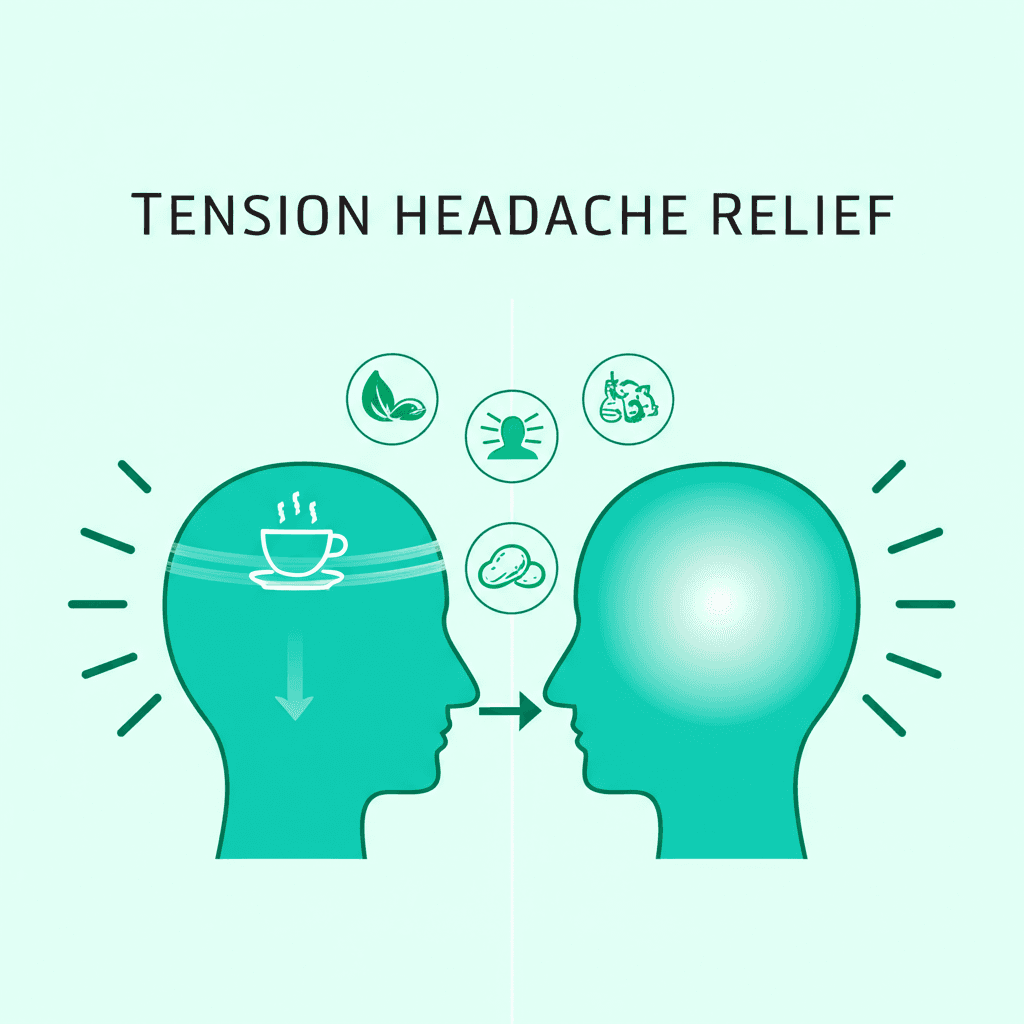 A collection of natural remedies for headaches, including chamomile tea, ginger, a hot compress, and a person stretching their neck gently.
