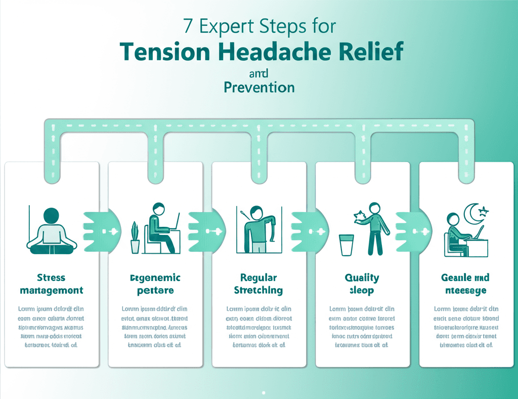 A sequence of seven small icons representing different healthy habits: meditation, stretching, drinking water, good posture, sleep, healthy food, and outdoor activity.