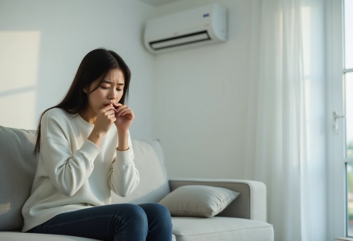 밝은 거실 소파에 앉아 주먹으로 입을 가리고 기침하는 여성, 뒤쪽 벽에 벽걸이 에어컨이 설치된 모습 — 여름 냉방 후 이어지는 마른기침을 표현