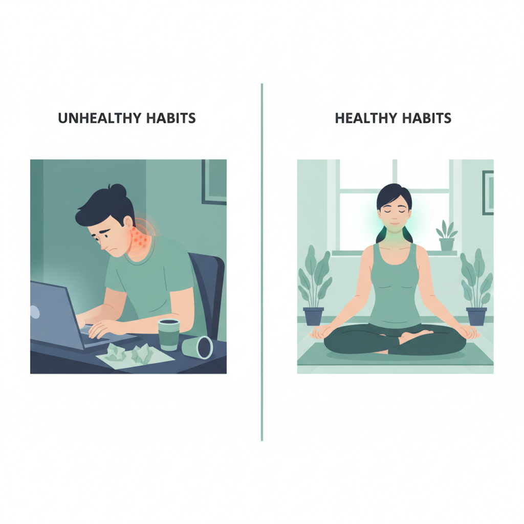 A person stretching their neck and shoulders, surrounded by images of healthy habits like good posture, sleep, and hydration