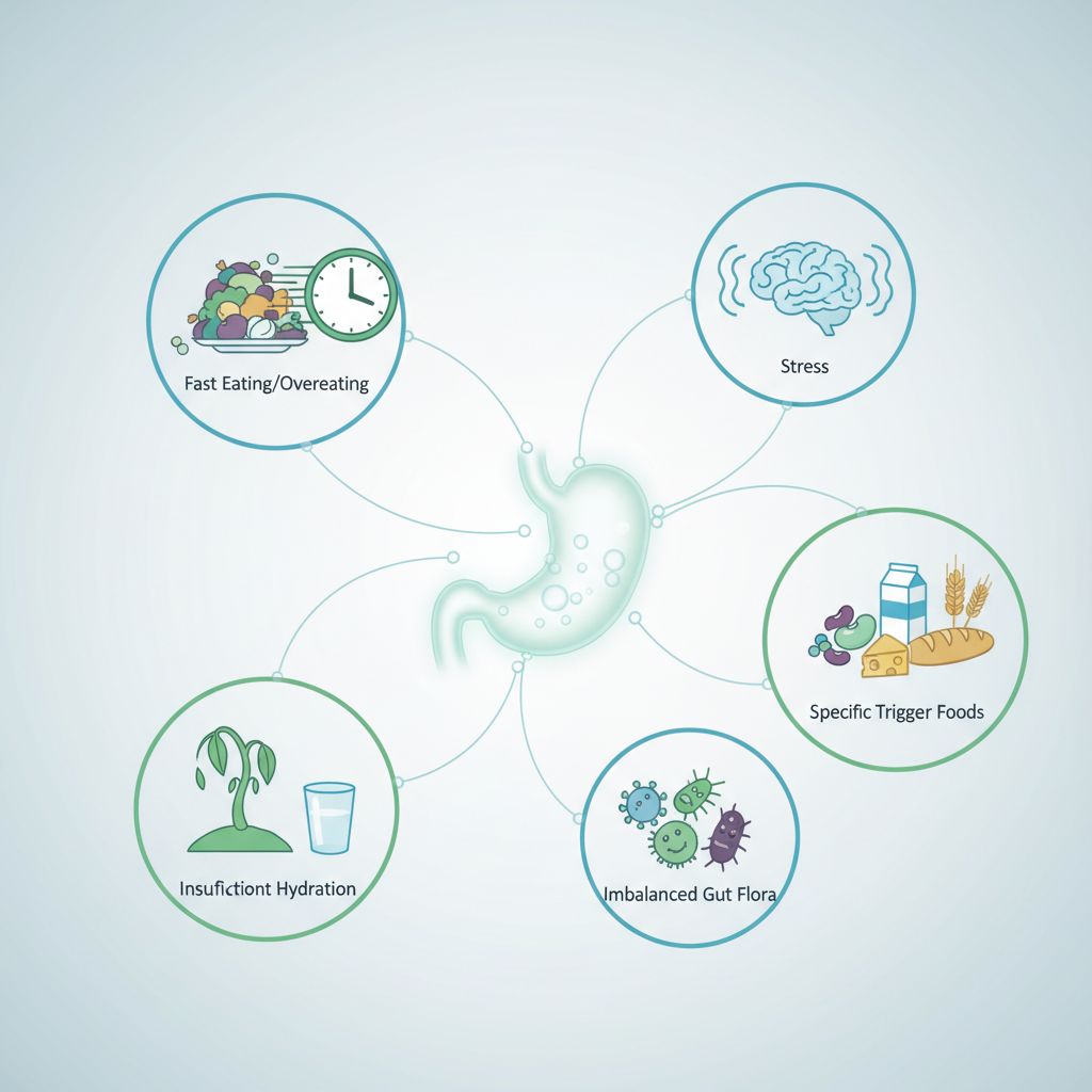 Illustration of stomach discomfort and gas bubbles