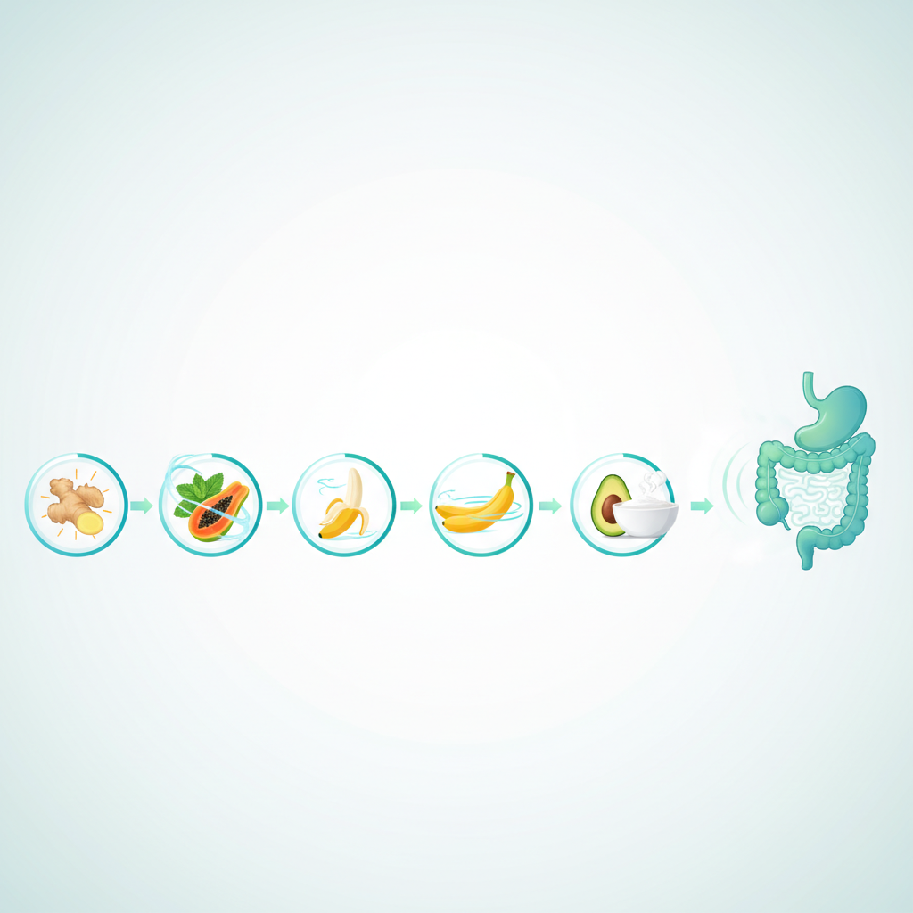 Various gut-friendly foods like ginger, peppermint, papaya, bananas