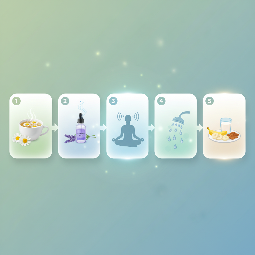 A warm cup of chamomile tea with a book and a lavender sachet next to a bed