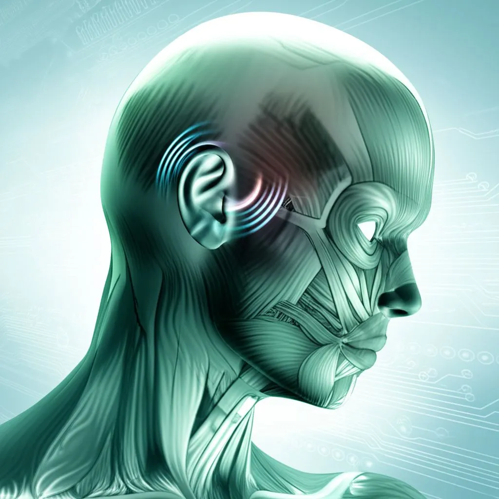 A person gently touching their right temple, expressing mild discomfort, with a light blue aura highlighting the temple area.