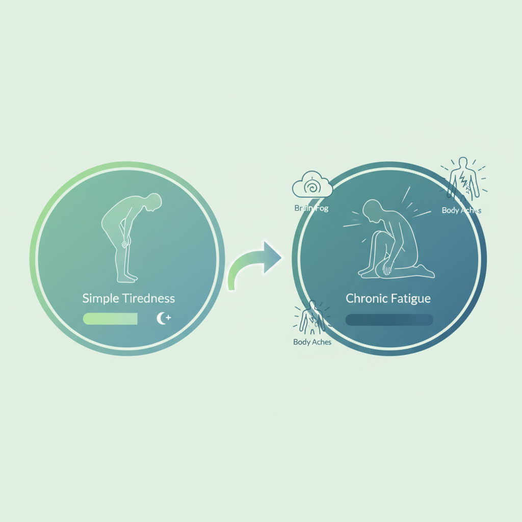 A person looking tired and drained, perhaps slumped at a desk with a weary expression, illustrating chronic fatigue.