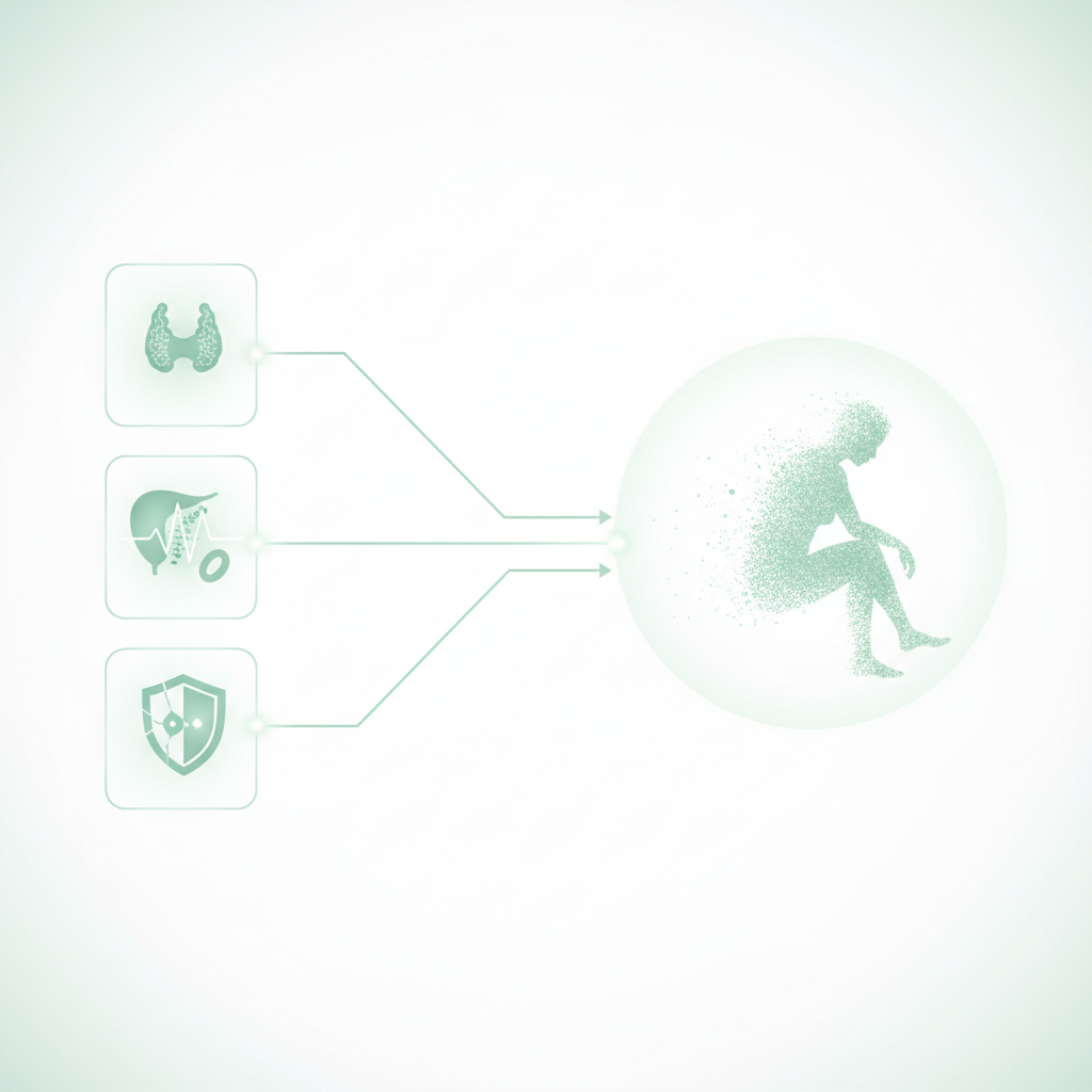 A complex infographic showing various factors contributing to chronic fatigue, such as stress, poor sleep, diet, and lack of exercise.