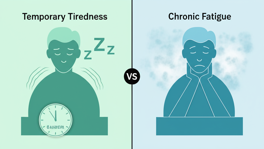 A person looking exhausted and overwhelmed, with dark circles under their eyes, sitting at a desk with blurred papers. The image conveys chronic fatigue.