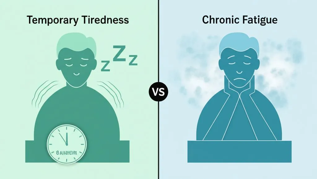 A person looking exhausted and overwhelmed, with dark circles under their eyes, sitting at a desk with blurred papers. The image conveys chronic fatigue.