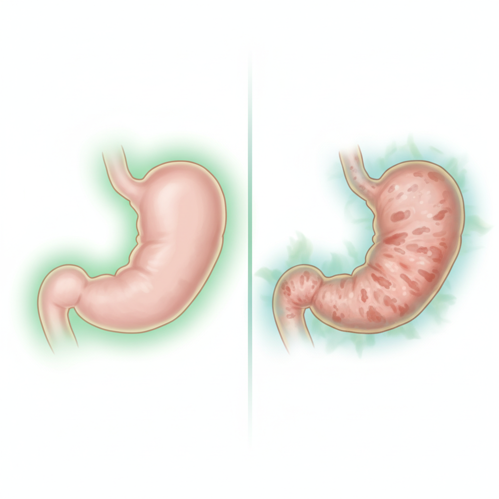 Illustration of a person holding their stomach with a pained expression, showing common symptoms like heartburn and bloating.