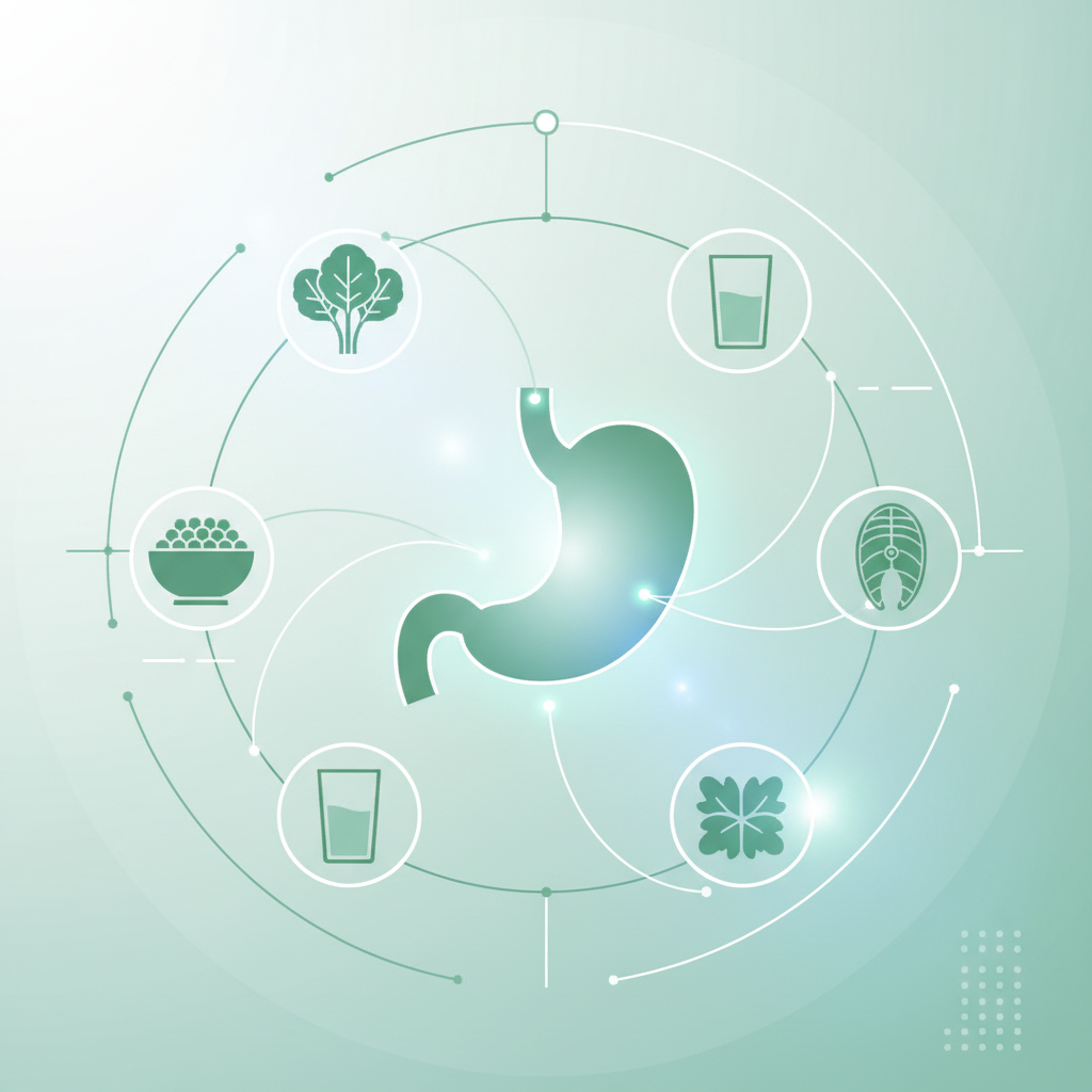 A balanced meal spread with gentle, stomach-friendly foods like steamed vegetables, lean protein, and rice porridge.