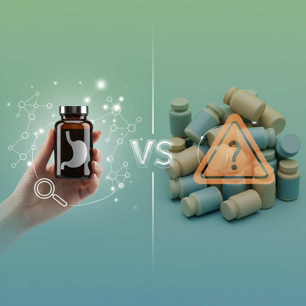 A variety of supplement bottles with ingredients like probiotics, ginger, and vitamins, emphasizing careful selection.