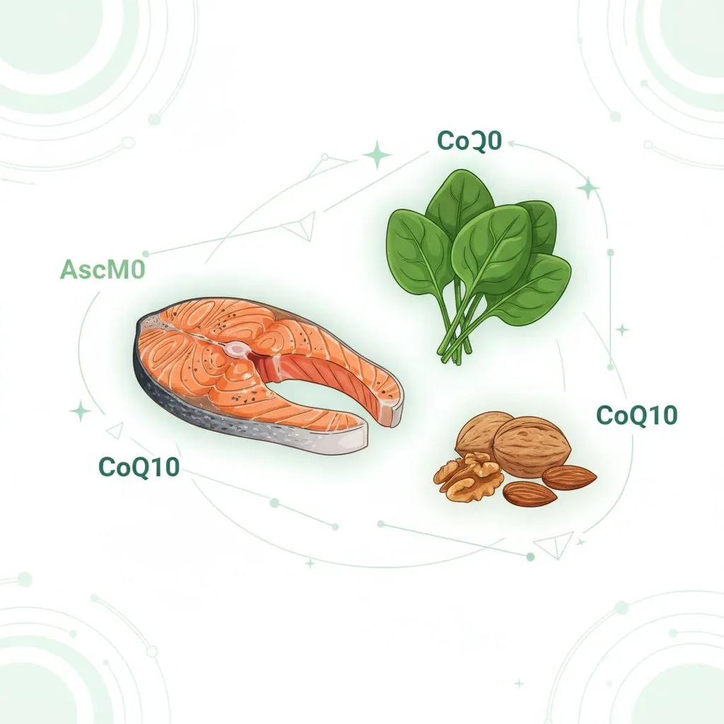 Various foods rich in CoQ10 like fish, meat, nuts, and spinach