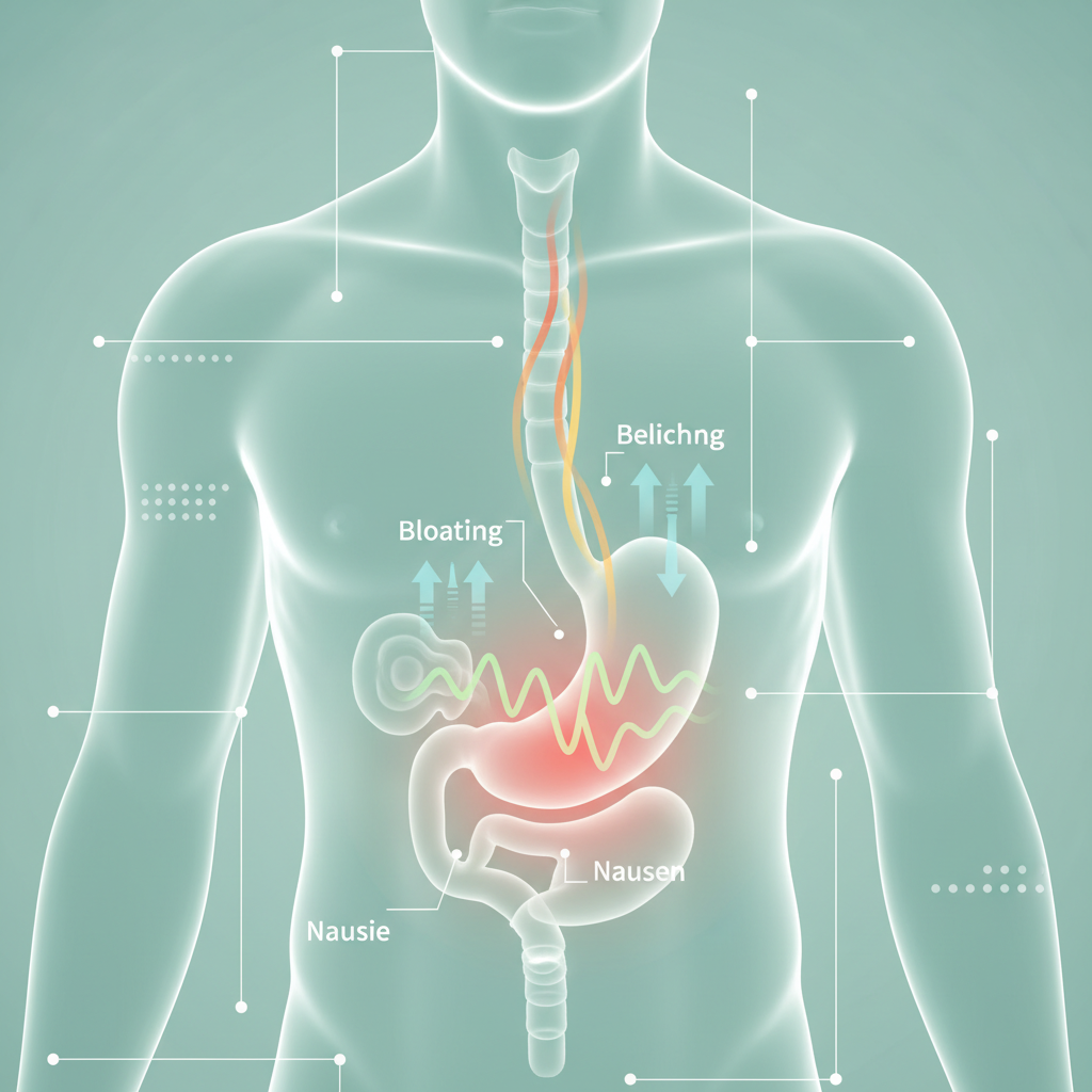 Person holding their stomach in discomfort, with various digestive aid packages surrounding them, illustrating common digestive problems.