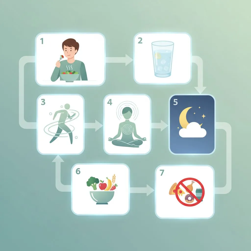A person engaging in various healthy lifestyle activities like eating a balanced meal, exercising, meditating, and drinking water, all contributing to better digestion.
