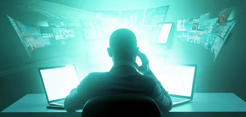 A tired person rubbing their temples while looking at multiple digital screens, showing mental exhaustion.