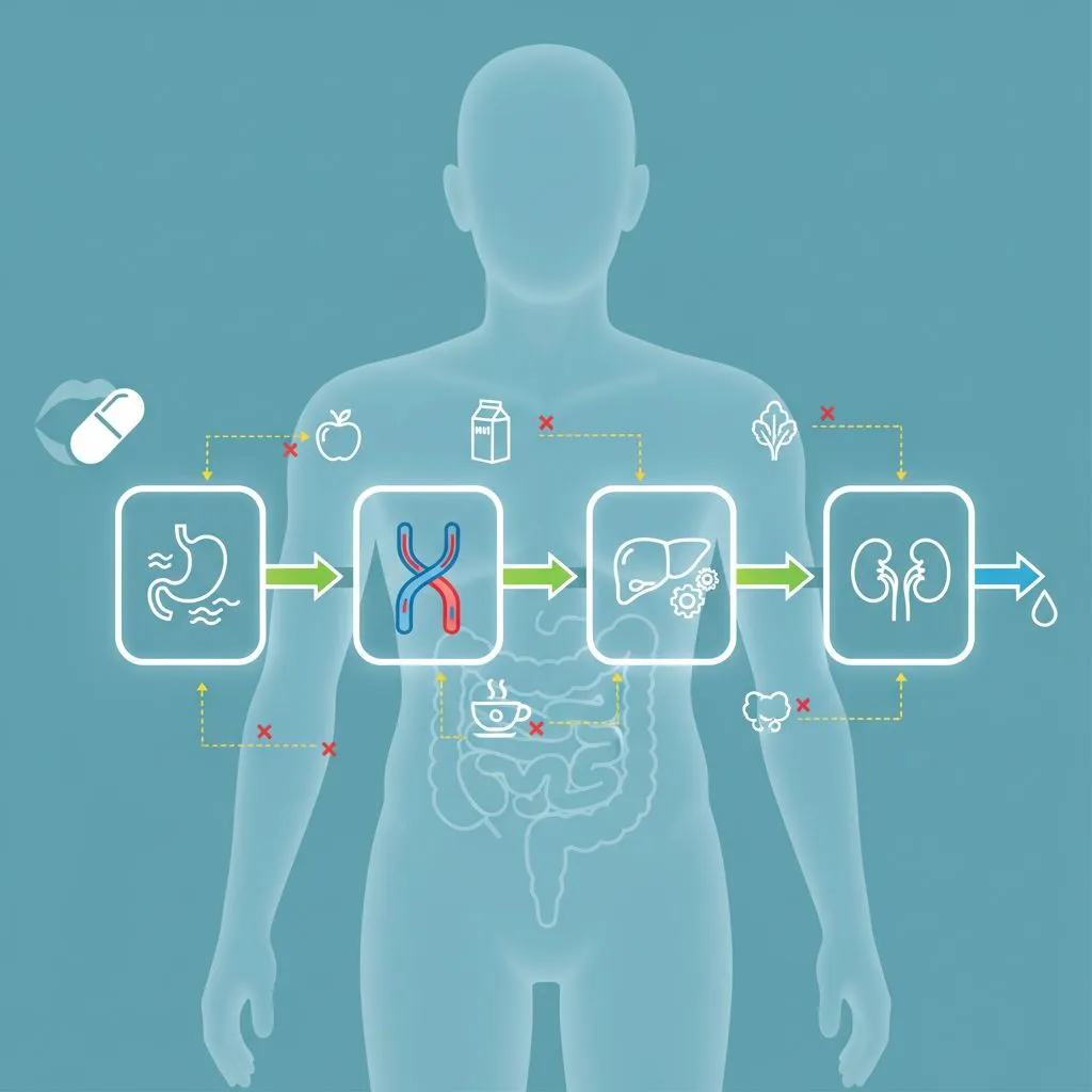 A clear depiction of two hands, one holding a pill and the other a variety of foods, with a question mark indicating potential interaction.