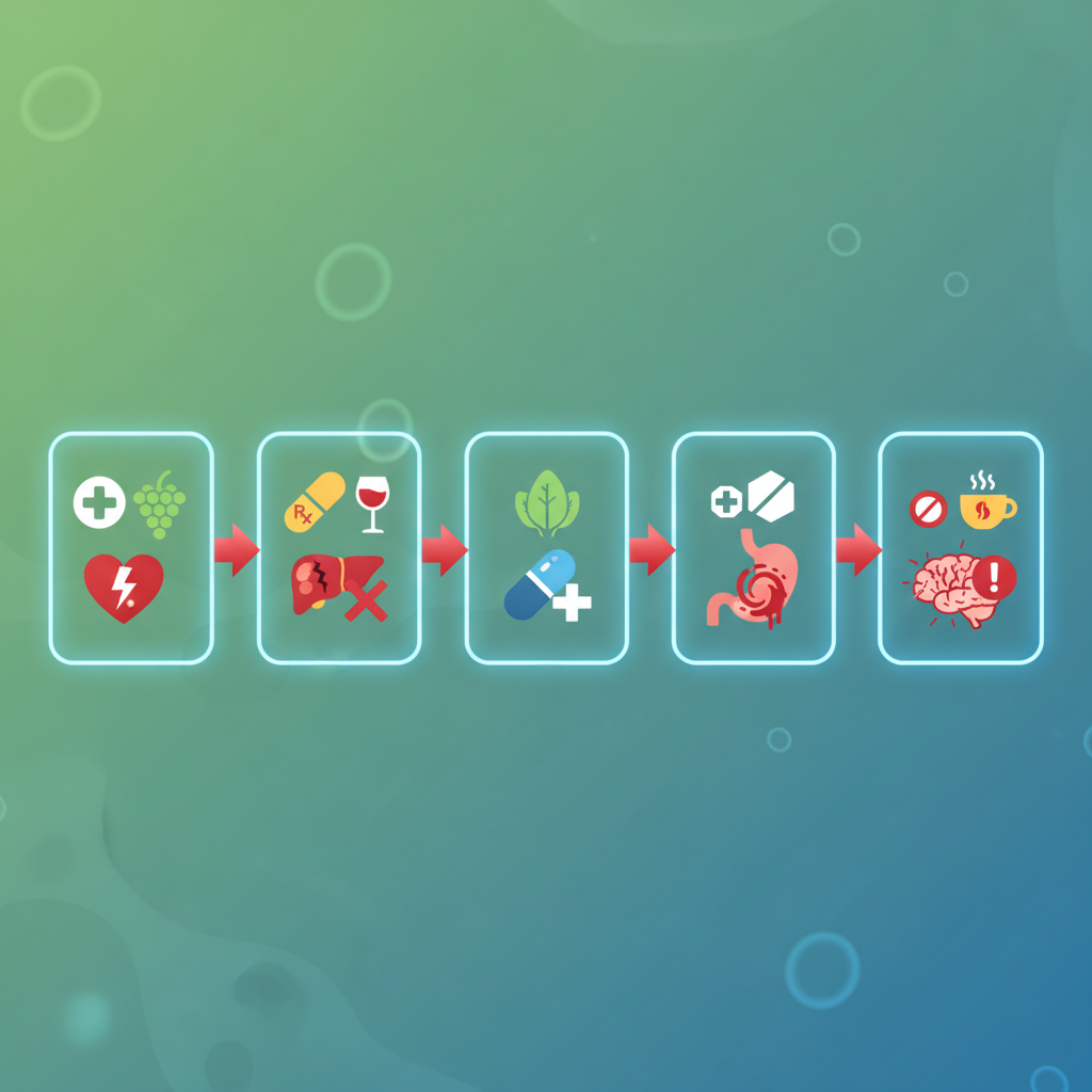 A variety of common foods like grapefruit, milk, coffee, and alcohol, each with a red 'X' over them, visually indicating they should be avoided when taking medication.