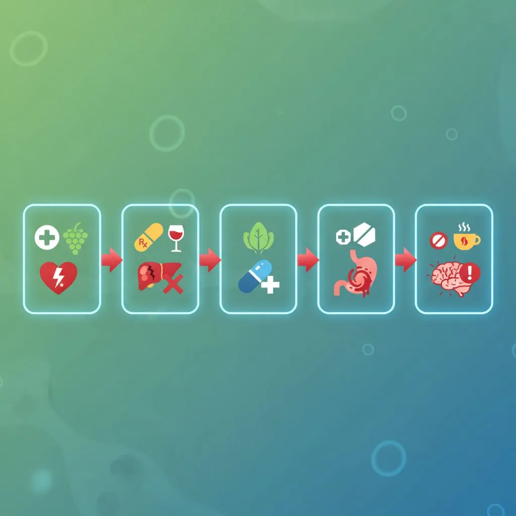 A variety of common foods like grapefruit, milk, coffee, and alcohol, each with a red 'X' over them, visually indicating they should be avoided when taking medication.