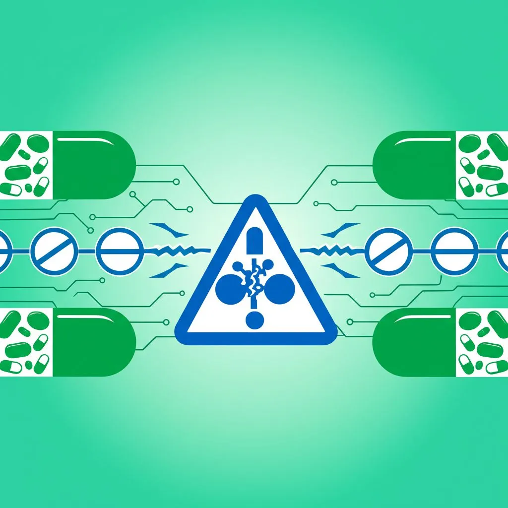 A diagram showing different pathways of drug interaction within the human body, such as absorption in the gut, metabolism in the liver, and elimination by kidneys, with arrows indicating inhibitory or enhancing effects.
