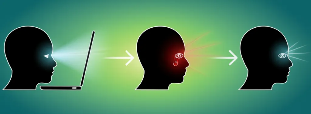 A person rubbing their tired eyes while looking at a laptop screen in a dimly lit room.