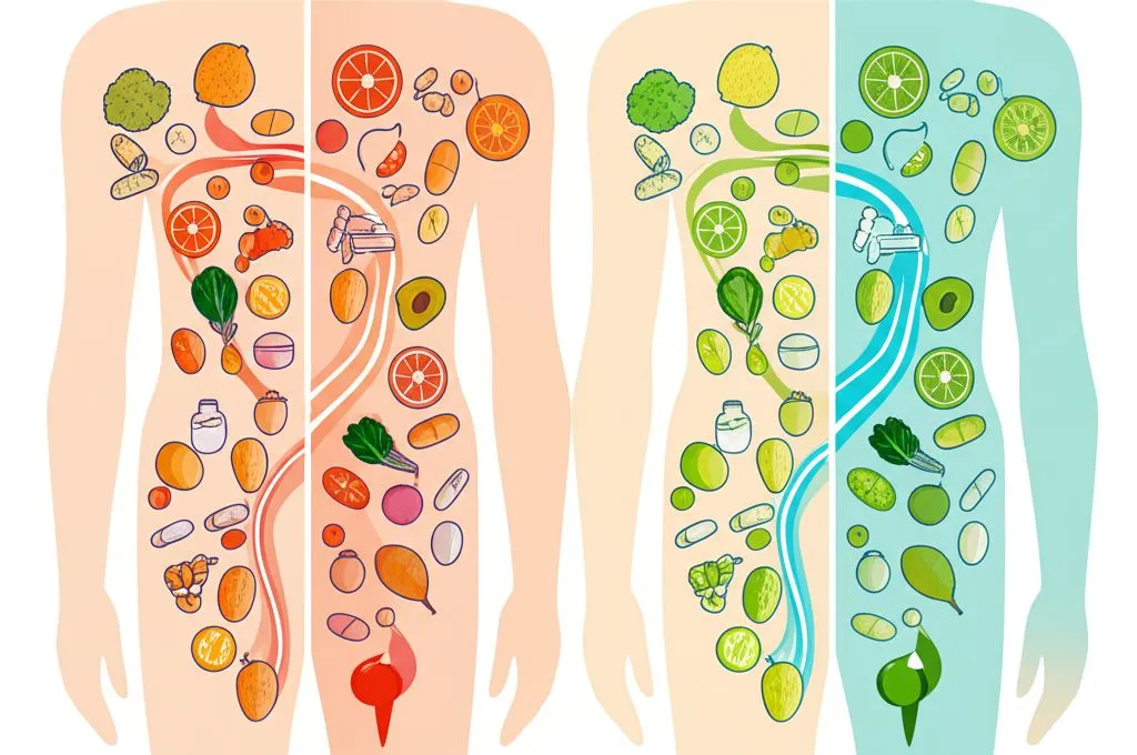 다양한 약과 음식이 테이블 위에 놓여 있고, 그 사이에 경고 표시가 있는 이미지