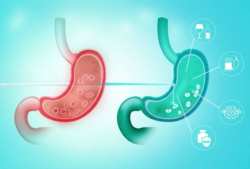 Scientific illustration of H. pylori bacteria in the stomach lining, alongside diagrams of irritating foods.