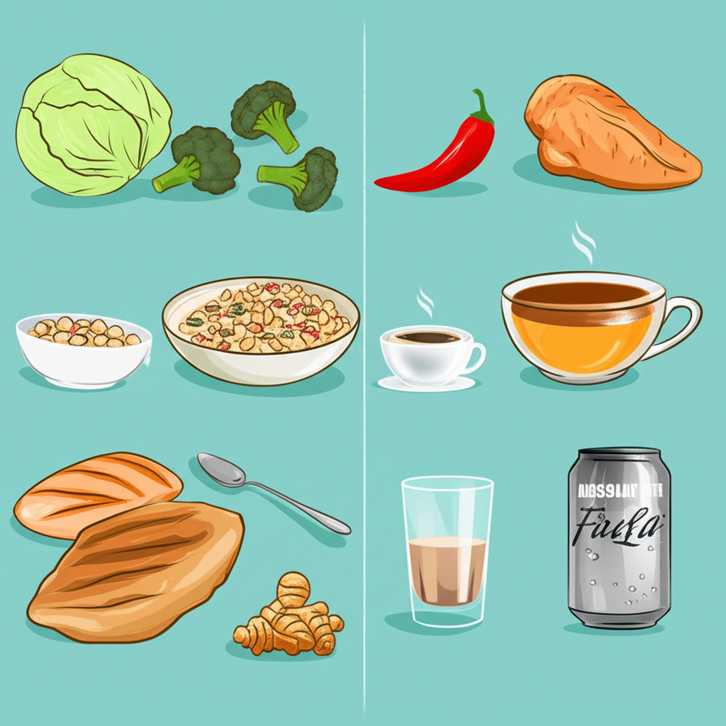 A balanced plate of stomach-friendly foods like steamed vegetables, lean protein, and a bowl of oatmeal.