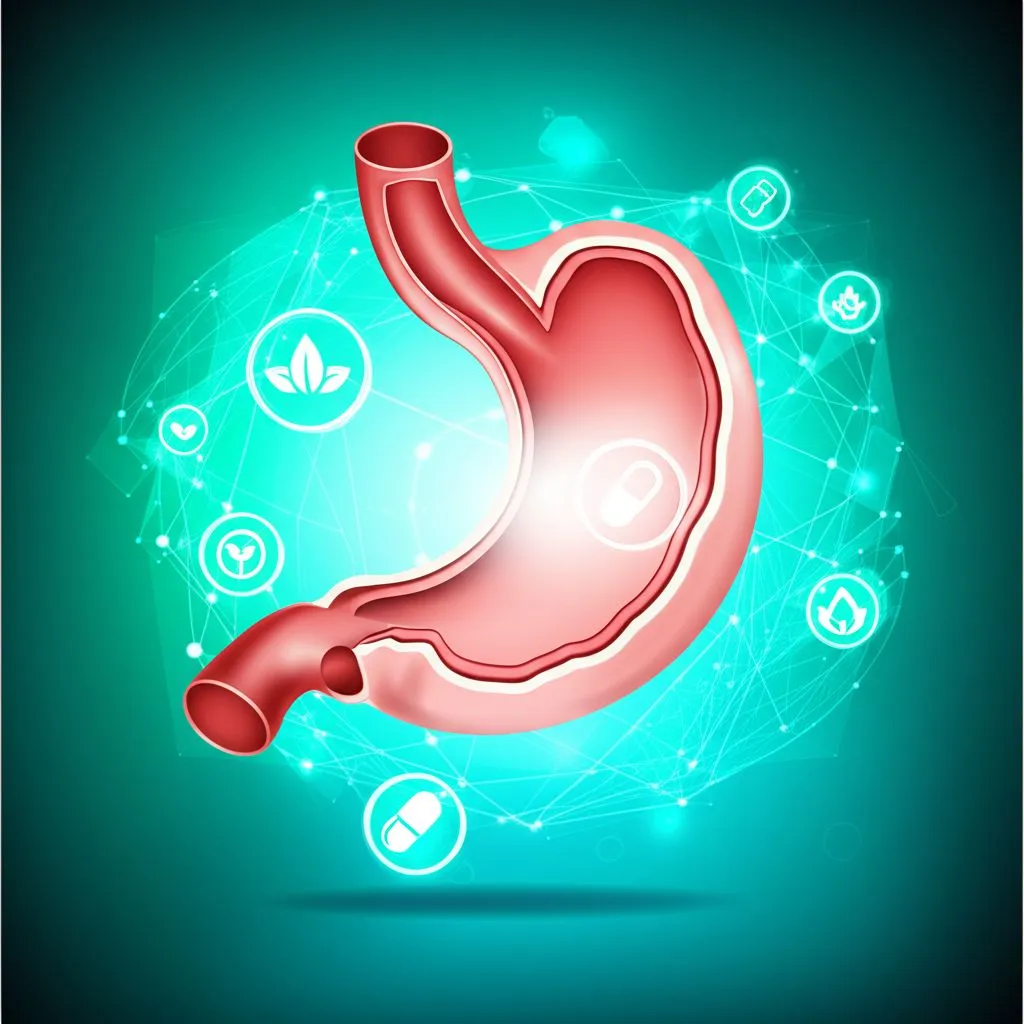 Various types of supplements displayed, such as probiotics, digestive enzymes, and vitamin bottles, with a focus on digestive health.