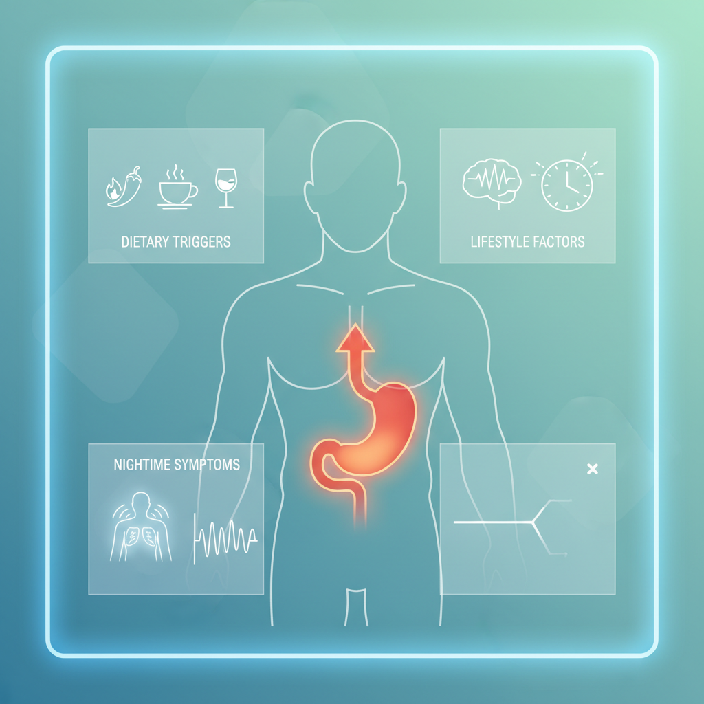 Illustration of a person experiencing heartburn and acid reflux at night, with a troubled expression.