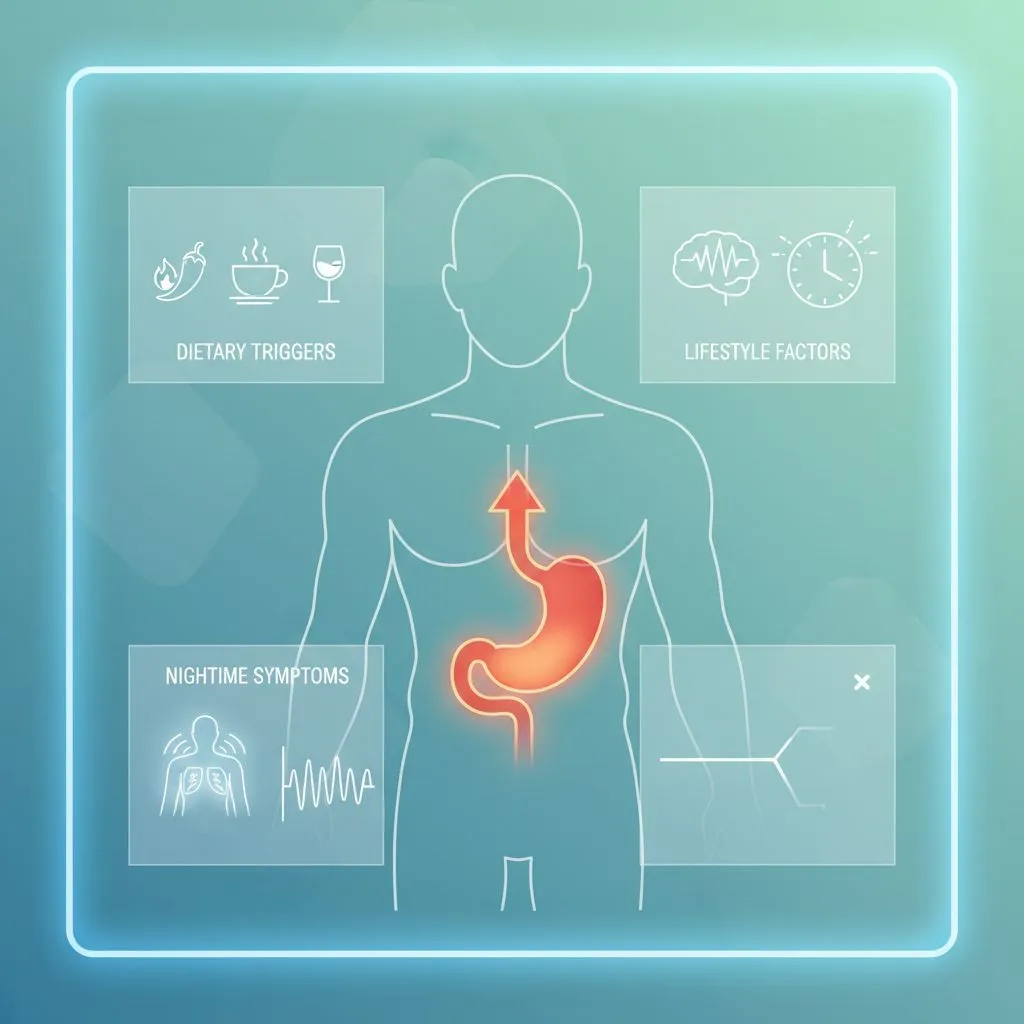 Illustration of a person experiencing heartburn and acid reflux at night, with a troubled expression.