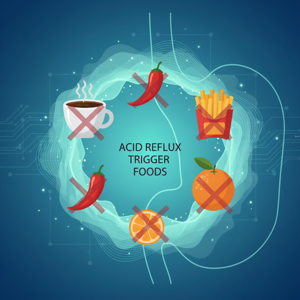 Various foods that are known to trigger acid reflux, such as coffee, spicy food, fatty food, and citrus fruits.