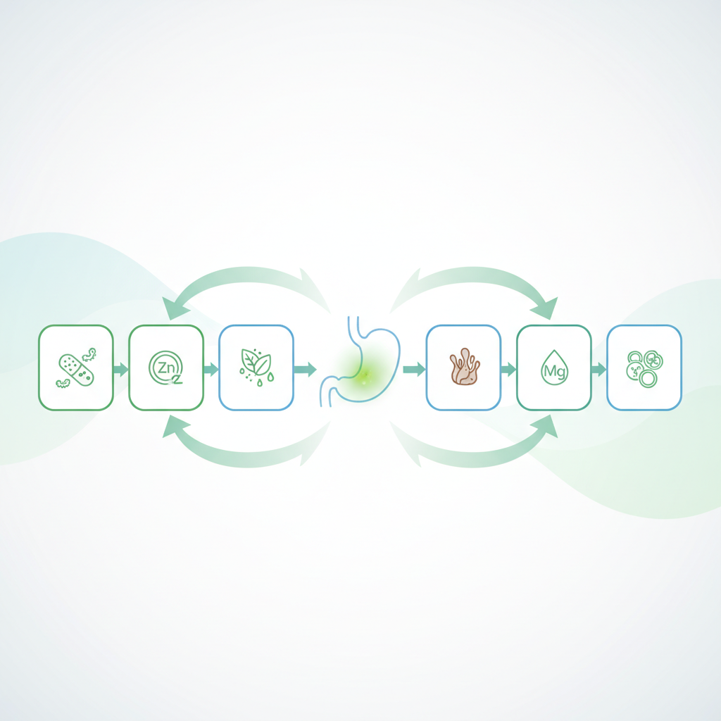 Various types of supplements in bottles and capsules, representing digestive health aids.