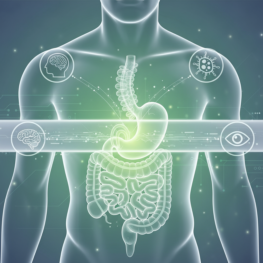 A microscopic view of gut bacteria and intestinal lining, symbolizing the importance of gut microbiome.