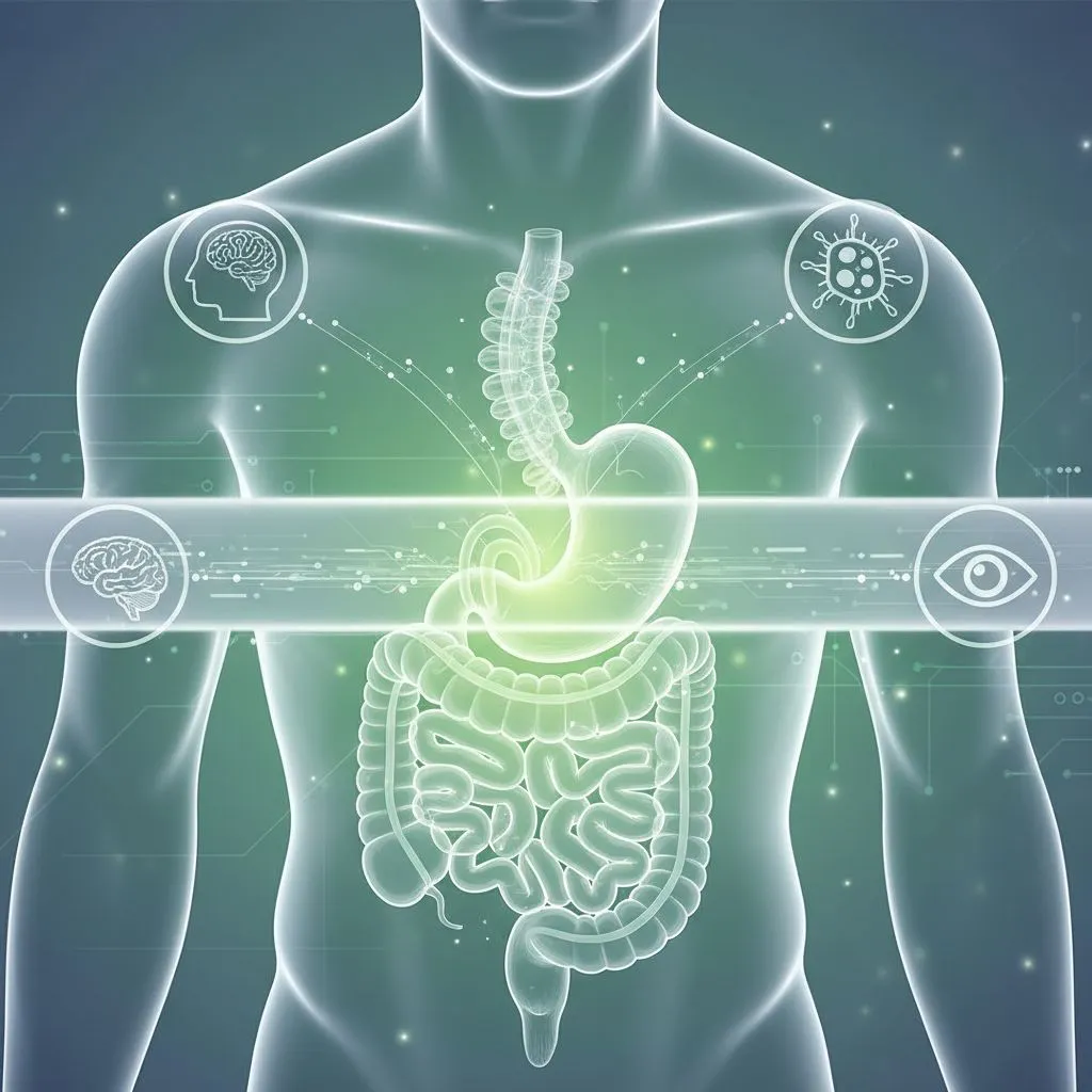 A microscopic view of gut bacteria and intestinal lining, symbolizing the importance of gut microbiome.