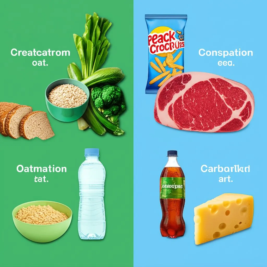 A selection of processed foods, red meat, and sugary snacks, representing foods that can worsen constipation