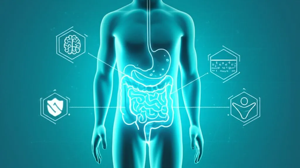 A vibrant illustration of a healthy gut with various beneficial microorganisms, showing a glowing, calm stomach and intestines.