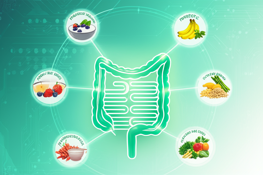 A colorful spread of gut-friendly foods including fruits, vegetables, whole grains, and fermented products.