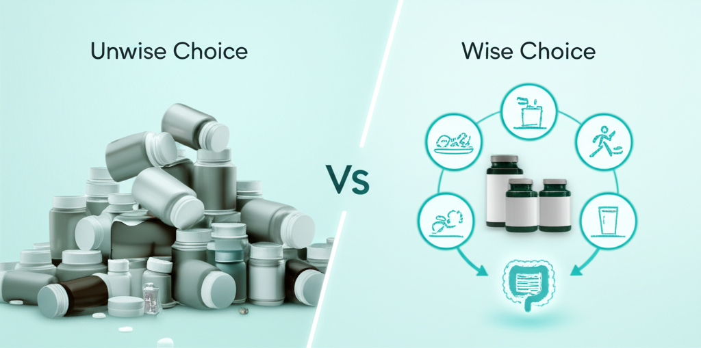 Various types of supplements for gut health, such as probiotics, prebiotics, and digestive enzymes, neatly arranged.