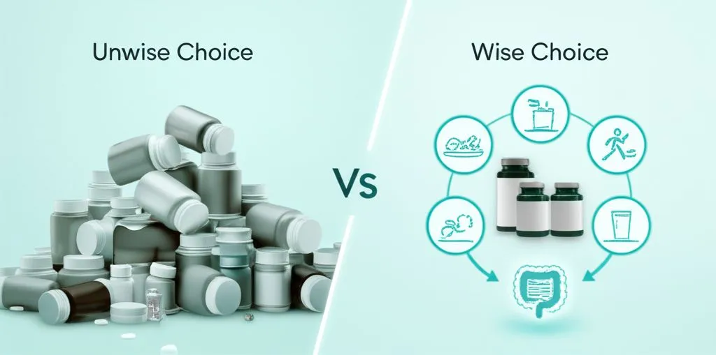 Various types of supplements for gut health, suchs as probiotics, prebiotics, and digestive enzymes, neatly arranged.