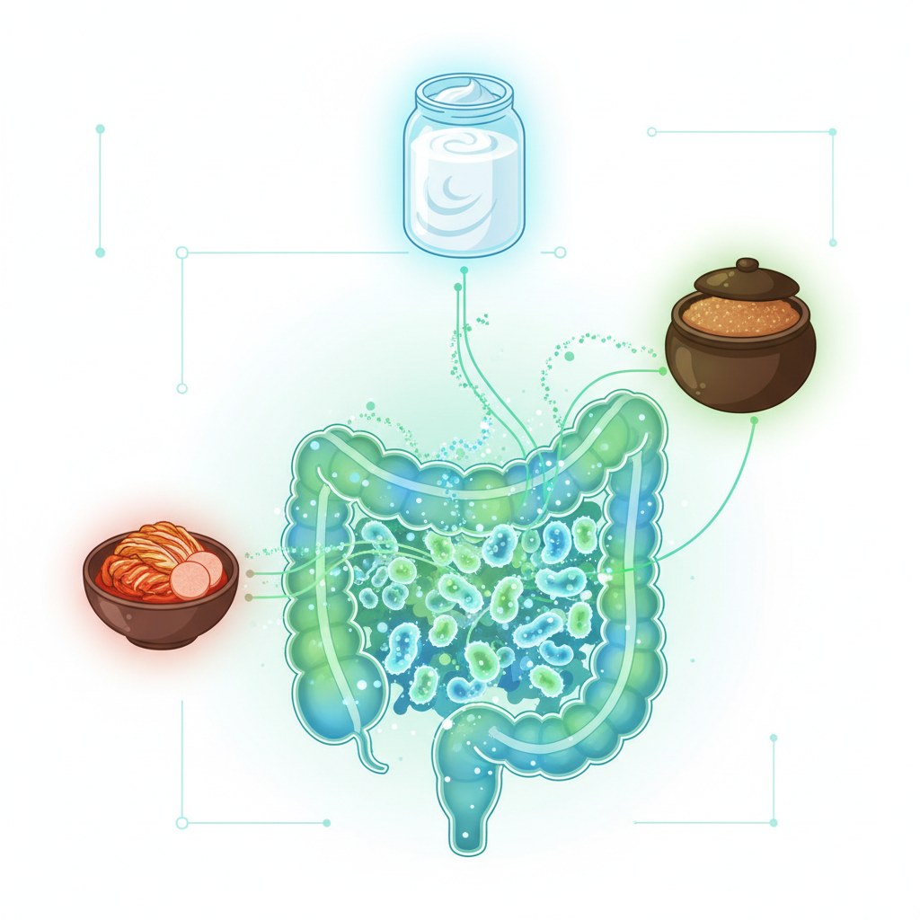 a variety of colorful fruits, vegetables, and fermented foods laid out on a wooden table, emphasizing a gut-healthy diet