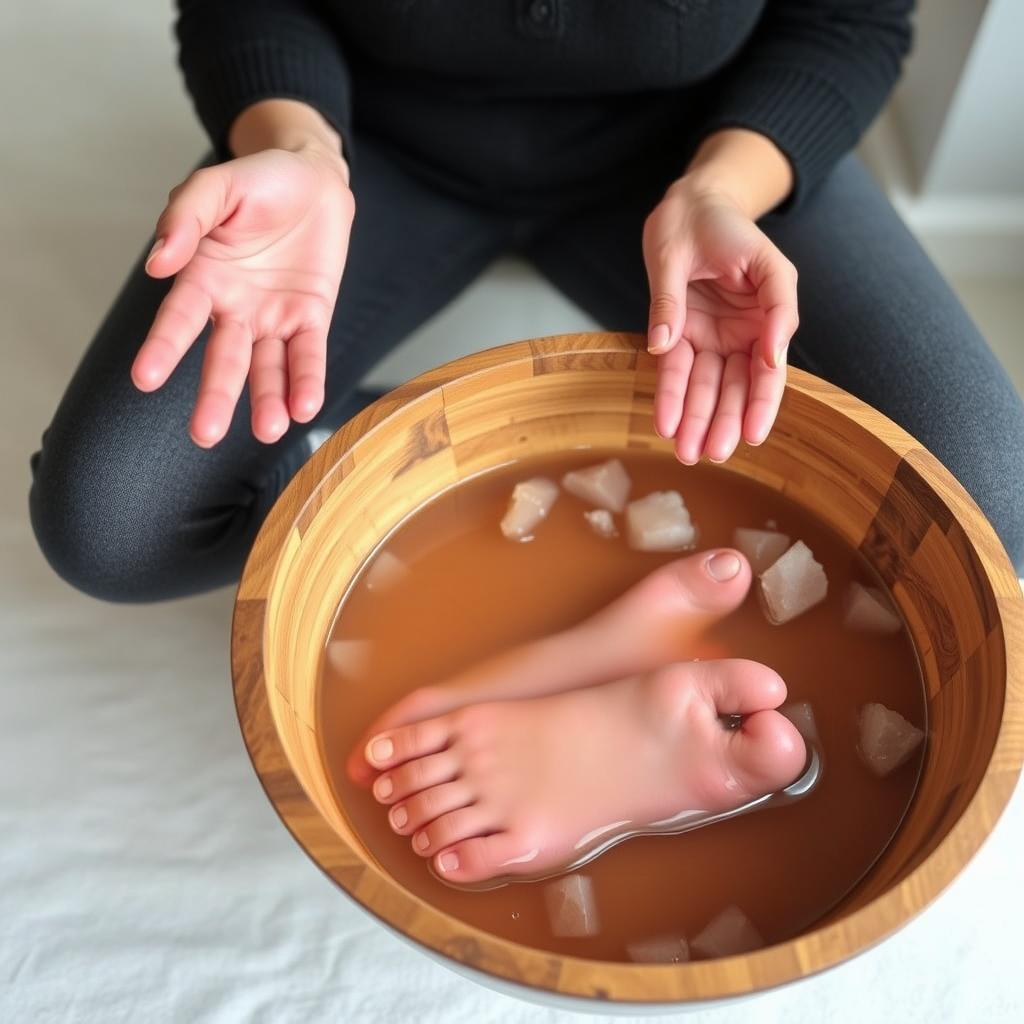 손목 스트레칭과 족욕으로 손발 저림을 완화하는 방법을 보여주는 모습